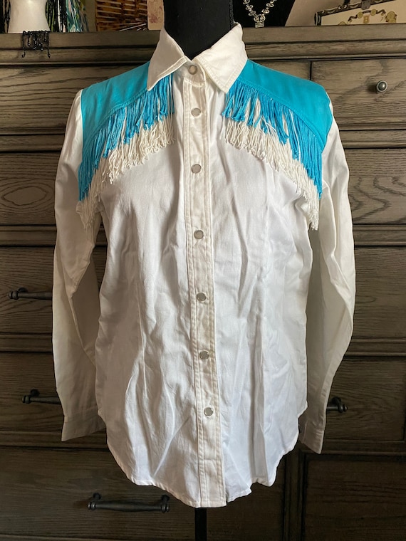VINTAGE White and Blue ADOBE ROSE Western Blouse w