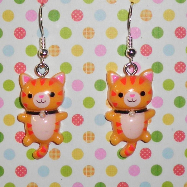 Cute Cat Earrings, Orange tiger striped kitty, Handmade 925 Silver Hooks. Hypoallergenic, Cat Lovers