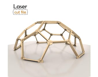 May include: A wooden geodesic dome structure, likely for a laser cut project. The dome is constructed from interlocking wooden pieces, forming a geometric pattern. The text "Laser cut file" is in the upper left corner.