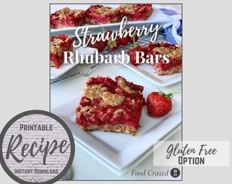 Food Crazed Recipe, Strawberry Rhubarb Bars, Gluten Free Option, Instant Download, Farmhouse Recipe Printable, Bakery Goodie