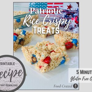 Food Crazed Recipe, Patriotic Rice Crispy Treats, Instant Download, 4th of July, Farmhouse Recipe Printable, Summer Treat