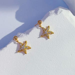 Gold Starfish Drop Earrings-Daily Gold Earrings-Minimalist Beach Earrings-Wedding Jewelry-Gift for her