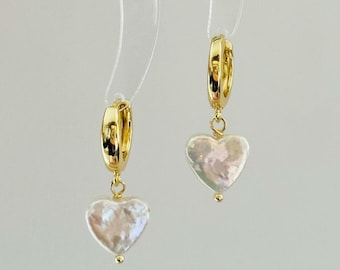 Daily Freshwater Baroque Pearl Heart Earrings-Gold Hoop Drop Earrings-Heart Pearl Necklace-Minimalist Earrings-Heart Jewelry Gift for her