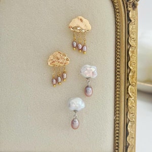 Rain Cloud Earrings-Cloud Raindrop Baroque Pearl Earrings-Gold Cloud Rain Drop Earrings-Pearl drop dangle earrings--Gift for her