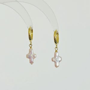 Freshwater Baroque Pearl Cross Earrings-Gold Hoops Religion Earrings-Statement Daily Earrings-Wedding Jewelry-Holidays Christmas gift