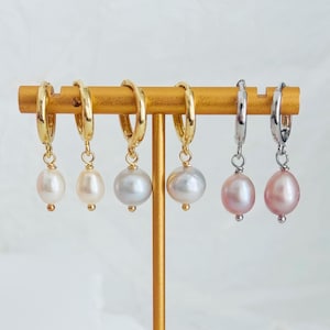 Freshwater Pearl Gold Hoop Earrings-Real Baroque Pearl Drop Earrings-Wedding Bridal Earrings-Bridesmaids Earrings Gift-Dainty Gold Earrings