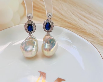 Baroque Pearl Dangle Earrings: S925 Sterling Silver, Zircon Sapphire