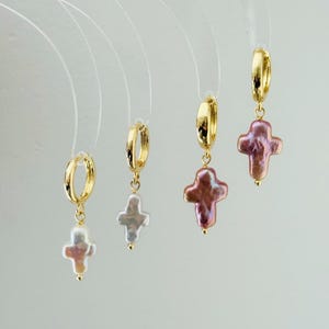 Daily Cross Pearl Earrings-Wedding Bridesmaid Gift-Baroque Pearl Gold Hoops Religion Earrings-Statement Earrings-Wedding Bridal Jewelry