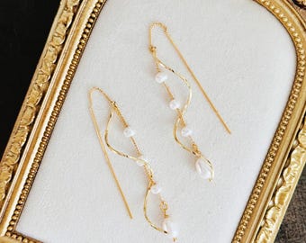 Freshwater Pearl Bridal Earrings-Bridesmaid Earrings-Graceful Twirling 14k Gold Dangle Earrings-Wedding Gift-Statement Earrings-Gift for her