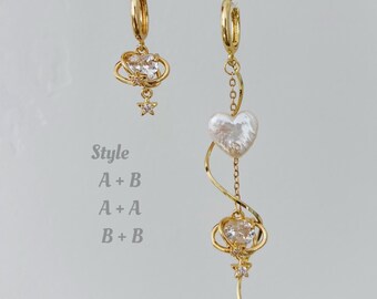 Valentine's day freshwater heart pearl dangle earrings-Wavy Planet Long Drop Earrings-Gold Hoop Earrings-Bridal wedding jewelry-Gift for her