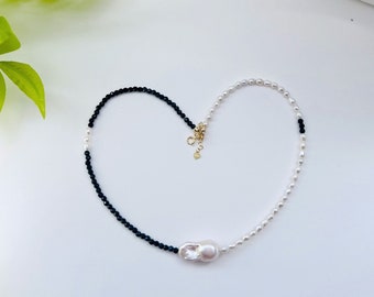Elegant Freshwater Pearl Necklace with Spinel Crystal | Baroque fireball |Asymmetry Minimalist Dainty Pearl Choker |