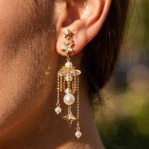 Freshwater Baroque Pearl Dangle Earrings-Gold Star Long Tassels Earrings-Statement Drop Earrings-Bridal Wedding Jewelry-Personalized Gift