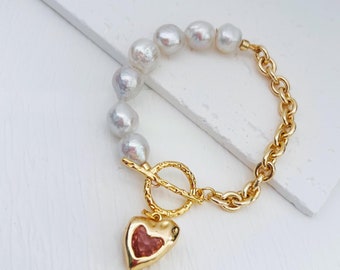 Freshwater Baroque Pearl Bracelet-High Luster-Half Pearl Half Chain Bracelet-Heart Charm Toggle Bracelet-Wedding Bridal Gift-Gift for Her