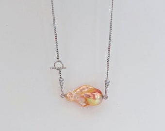 Baroque Fireball Pearl Fish Pendant Necklace-Iridescent Sterling Silver Chain