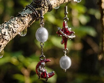 Gothic Gray Pearl Halloween Drop Earrings–Star & Moon Dangle Earrings–Spooky Fall Jewelry- Asymmetrical Earrings-Gift for her