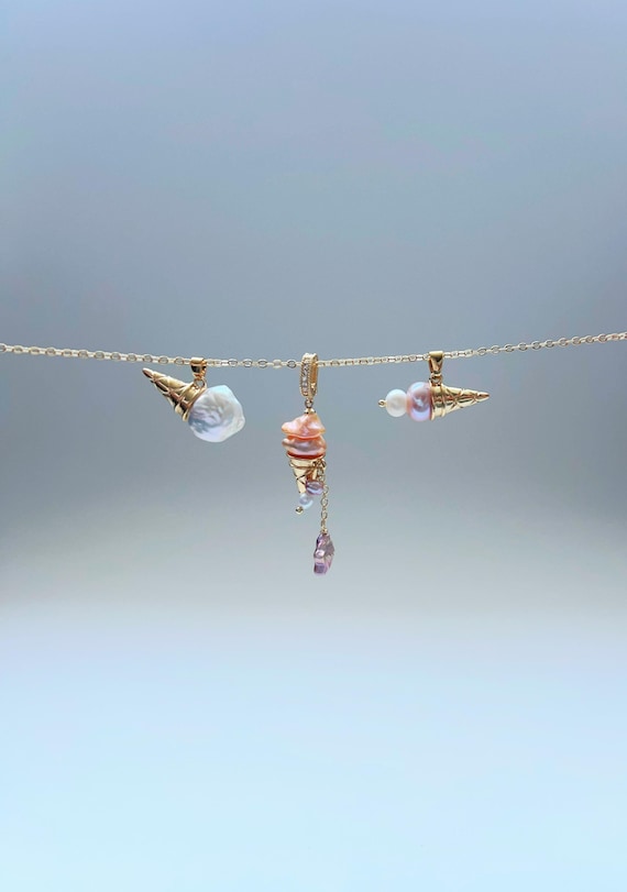 Freshwater Pearl Ice Cream Pendant Necklace |Summer Minimalist Dainty necklace | Necklace for girls |Gift for her |