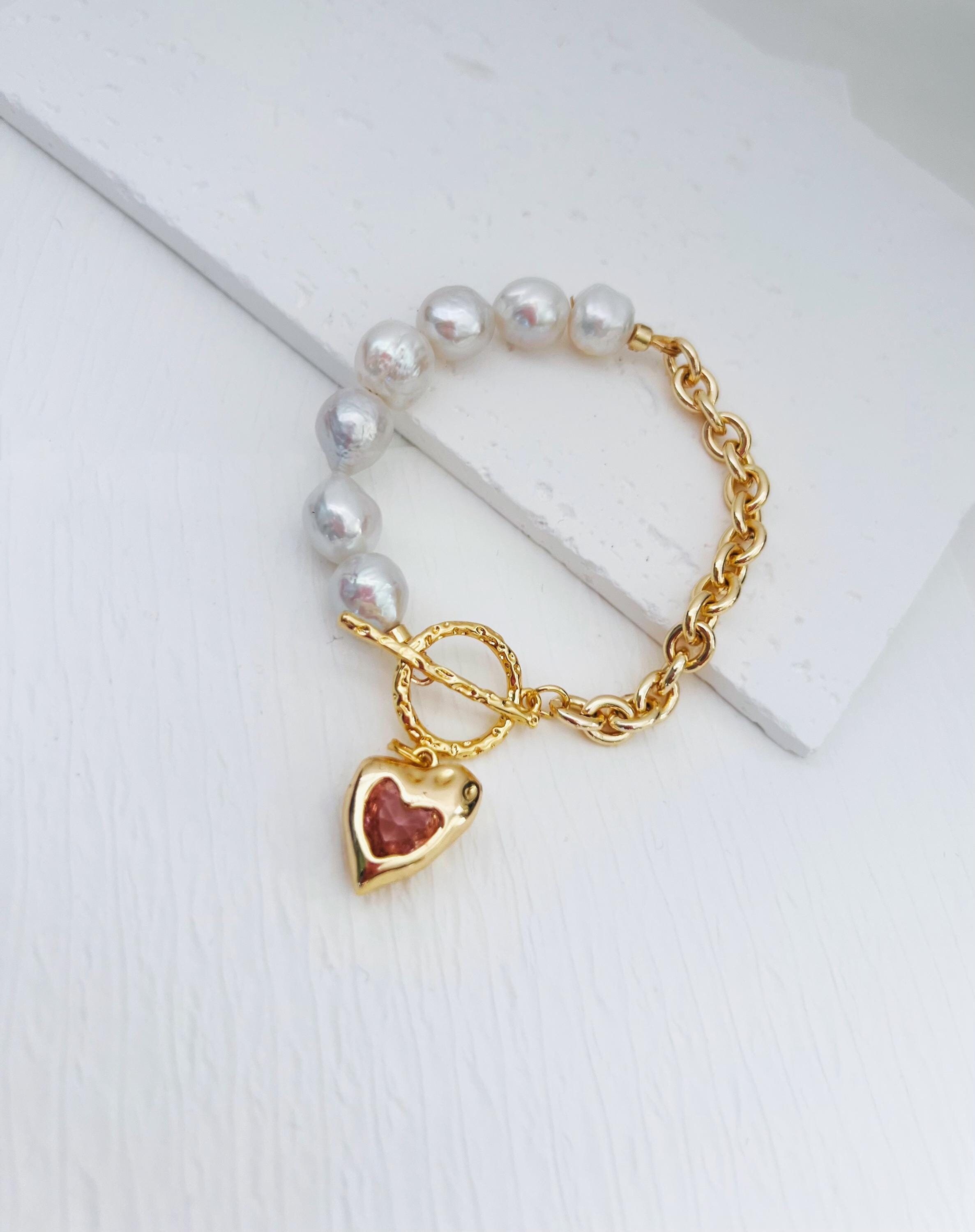 ★人気★【VINTAGE HOLLYWOOD】★Chain Half Pearl Bracele.t★ Half Pearl Half Colorful Chain Bracelet | Real Pearls