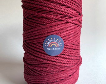 4mm 3 Strand Macrame Cord / 100% Cotton String / Burgundy Red