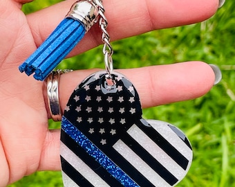 Blue Line Heart Shape American Flag Keychains