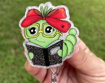 Glitter Bookworm Badge Reel: Retractable ID Holder for Librarians