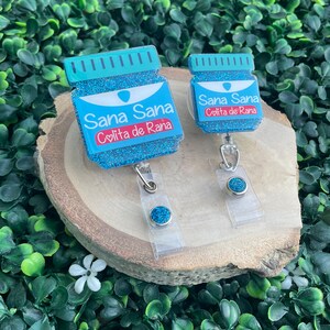 Funny Nurse Badge Reel With Sana Sana Colita De Rana - Blue Glitter ID Holder For Medical Staff