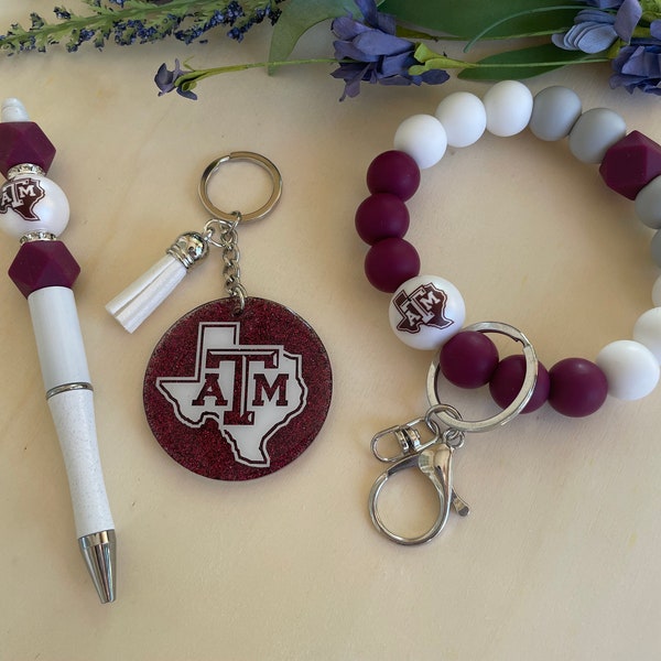 Texas A&M Silicone Wristlet , Pen, and Keychain Set