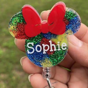 Autism Awareness Mouse Head Badge Reel