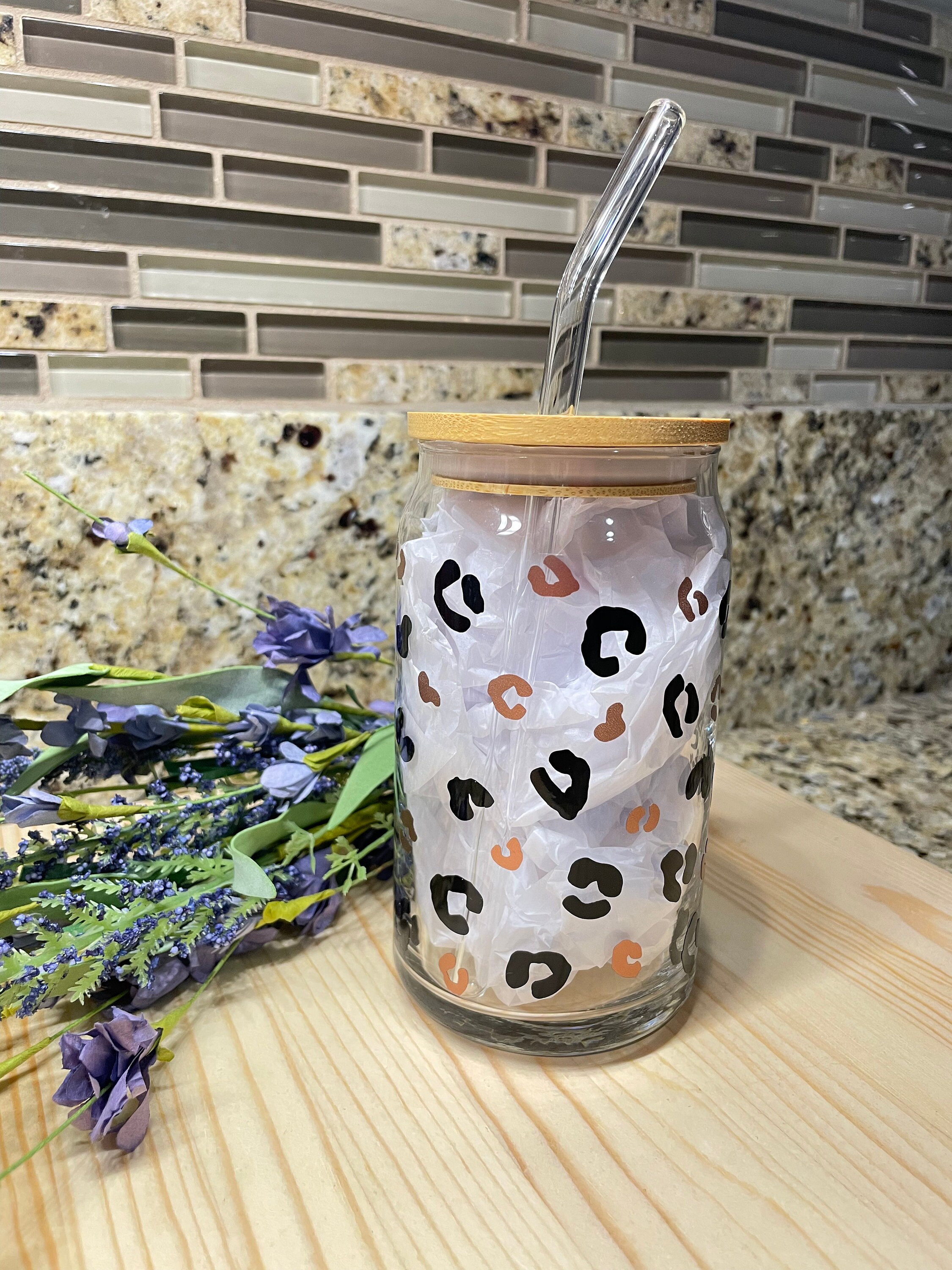 Leopard Print MAMA Iced Coffee Glass Cup With Bamboo Lid & Straw - Etsy