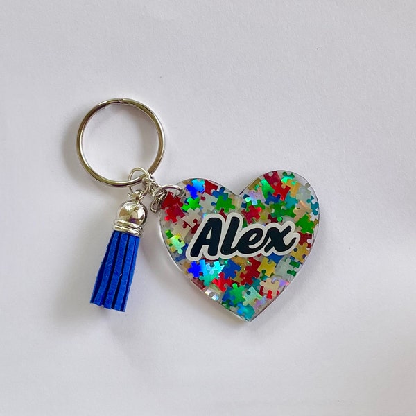 Personalized Autism Awareness Keychain/ Autism Awareness Mom gift/ Cute Puzzle Glitter/ Keychain with/without tassel