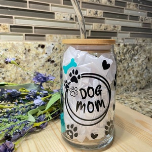 Dog Mom Iced Coffee Glass Cup: 16 oz with Bamboo Lid & Straw