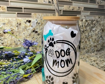 Dog Mom Iced Coffee Glass Cup: 16 oz with Bamboo Lid & Straw