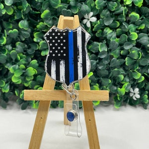Police Blue Line American Flag Badge Reel/ID Holder