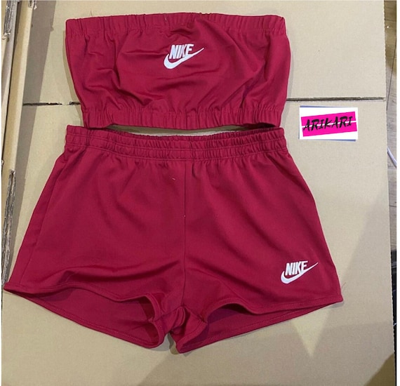 grey nike tube top and shorts set