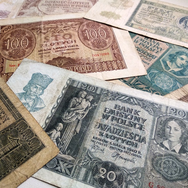 Set of 7 old Polish genuine banknotes, antique money, Paper money, Collectible Polish currency old Polish banknotes, money collection