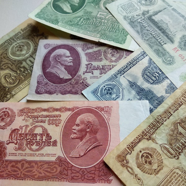 Set of the 7 Soviet banknotes, Vintage Soviet money, Paper money, Collectible, Russian Money, USSR banknotes, money collection