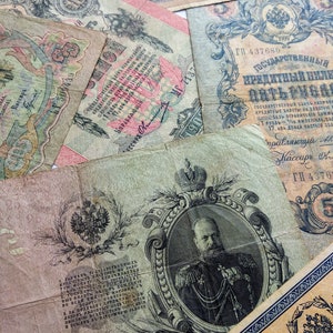 Set von 6 echten Banknoten des russischen Reiches, antikes Geld, Papiergeld, Sammlerstück, russische Währung, alte russische Banknoten-Geldsammlung