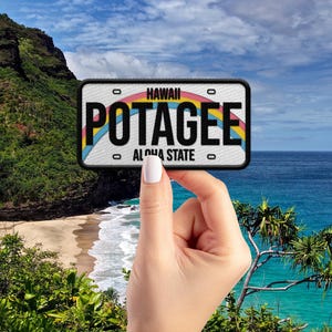 Potagee Hawaii License Plate Embroidered Iron-On Patch/ Portuguese Dumb Joke/ Hawaii Punny Funny Joke/ Dummeh/ Hawaiian Pidgin Slang