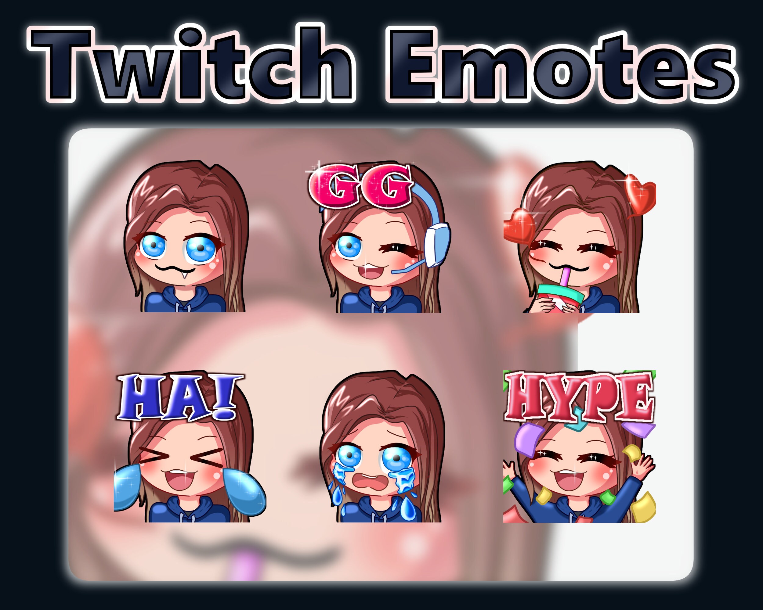 Twitch Emotes / 6 Cute chibi emoji emotes for streamers / kawaii brunette girl stream emoji gg hype rage lol