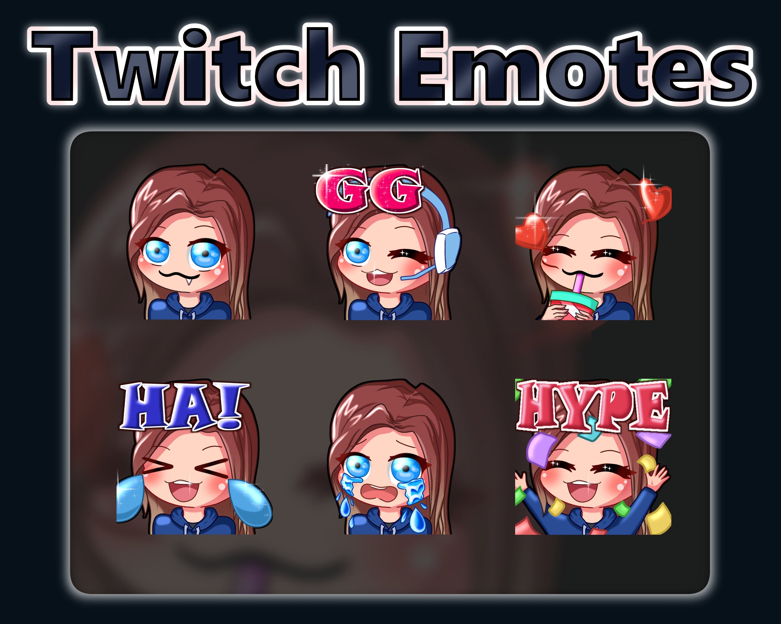 Twitch Emotes / 6 Cute chibi emoji emotes for streamers / kawaii brunette  girl stream emoji gg hype rage lol