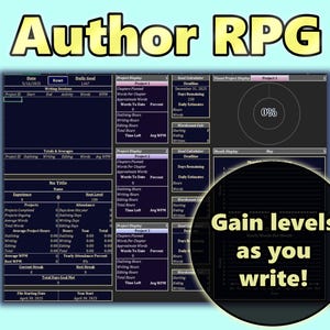 Autorenplaner, Wordcount Planer, Wordtracker. Nivellieren Sie Ihre Geschichten, während Sie schreiben, skizzieren und bearbeiten. Dark Themed Blue Autor-Rollenspiel.
