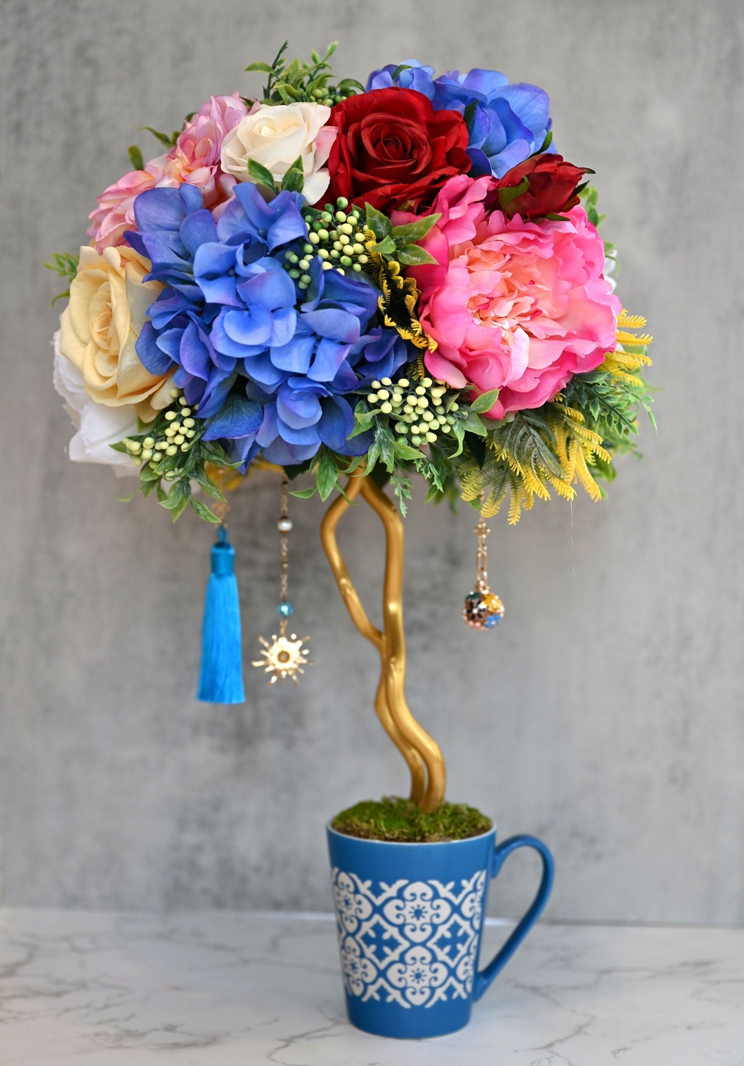 Faux Flower Arrangement Centerpiece Topiary Silk Flower Arrangement