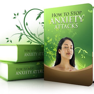 Könnte beinhalten: Ein grünes Buch mit dem Titel "How to Stop Anxiety Attacks" auf dem Cover. Das Cover zeigt auch eine Frau mit geschlossenen Augen vor einem Hintergrund aus Blättern.