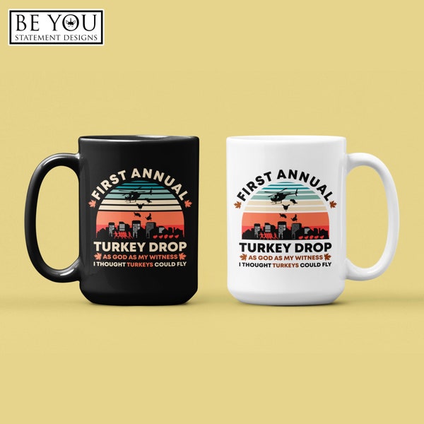 First Annual WKRP Turkey Drop Mug, Harvest Festival, Funny Thanksgiving Gifts for Turkey Lovers