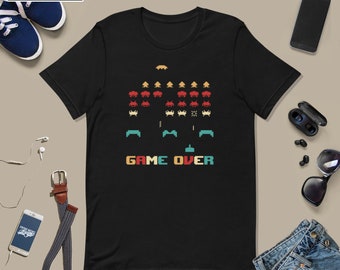 Game Over Alien Invaders Retro Gaming T-Shirt, Gamer 80s Nostalgia, Arcade Video Game Tee