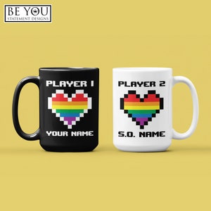 Custom Name Player One Player Two, Gay Gamer Couple Mug, Matching LGBT Video Game Gift