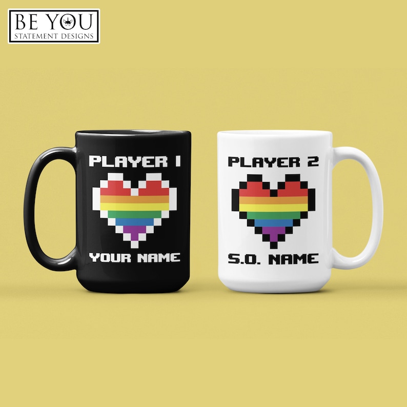 Custom Name Player One Player Two, Gay Gamer Couple Mug, Matching LGBT Video Game Gift image 1