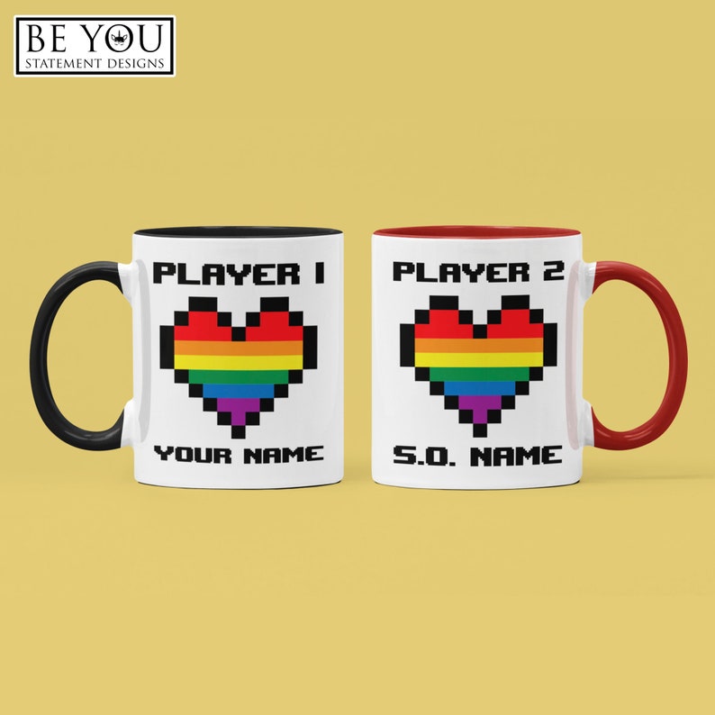 Custom Name Player One Player Two, Gay Gamer Couple Mug, Matching LGBT Video Game Gift image 2
