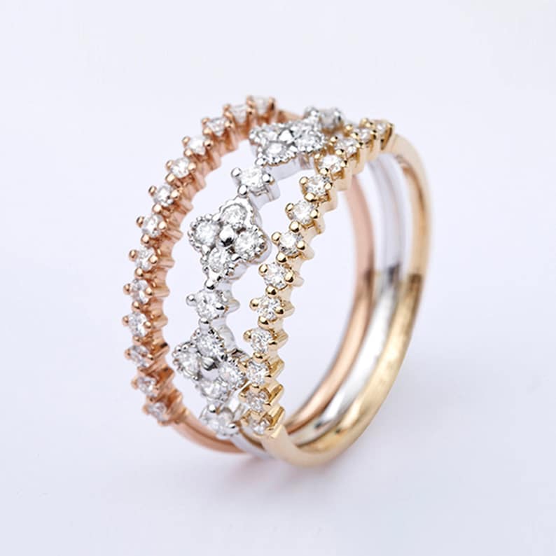 Personality Moissanite Solid 14K 18K Rose Yellow White Gold Three-color Three-in-One Ring,Wedding Engagement Ring for Women