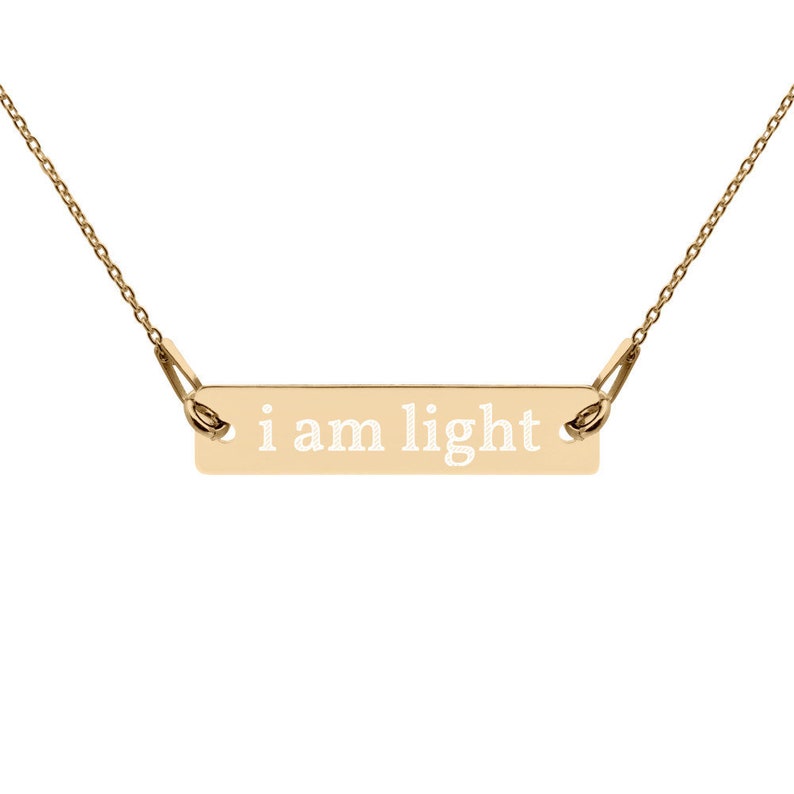 Motivational Inspirational Law of Attraction Mantra I am light Spiritual Engraved Silver Bar Chain Necklace Gold Silver Rose