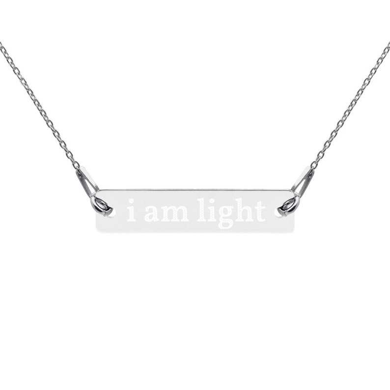 Motivational Inspirational Law of Attraction Mantra I am light Spiritual Engraved Silver Bar Chain Necklace Gold Silver Rose